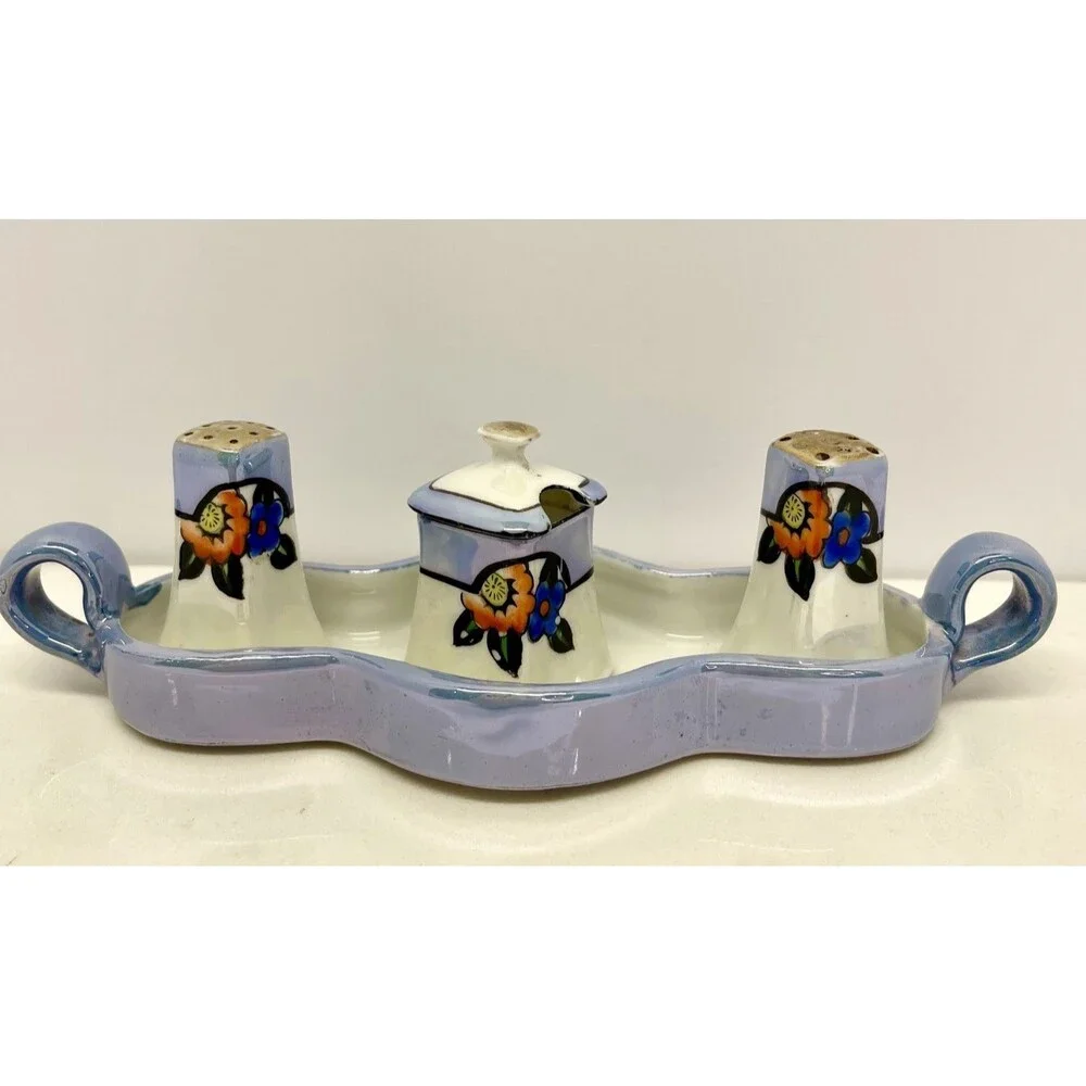 Mini Vintage Noritake Japan Luster Condiment Set Salt Pepper Mustard on Tray